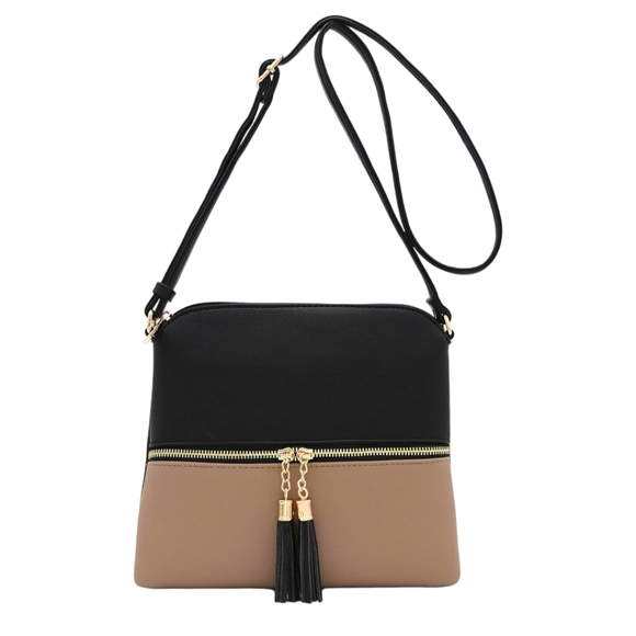 HOLIDAY SALE!! Women's Lightweight Black and Tan Crossbody Bag with Tassels - Picture 4 of 10